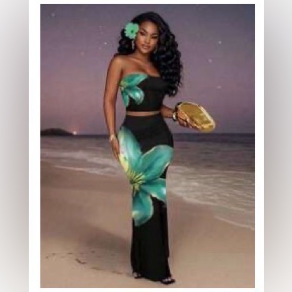 New Arrivals! Black Strapless Floral 2pc Maxi Skirt Set .